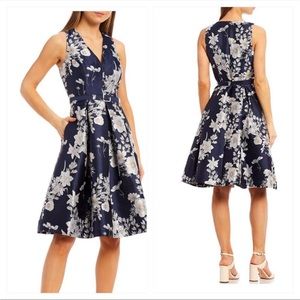 Eliza J Floral Jacquard V-Neck Sleeveless
Fit and Flare Belted Dress
